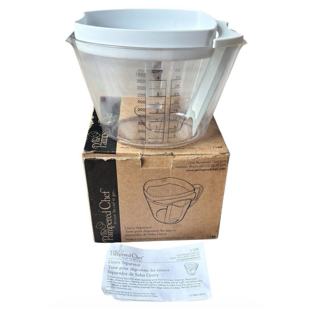 Pampered Chef Fat Gravy Separator Strainer 4 Cup 1L Measuring Pitcher 1188 Box